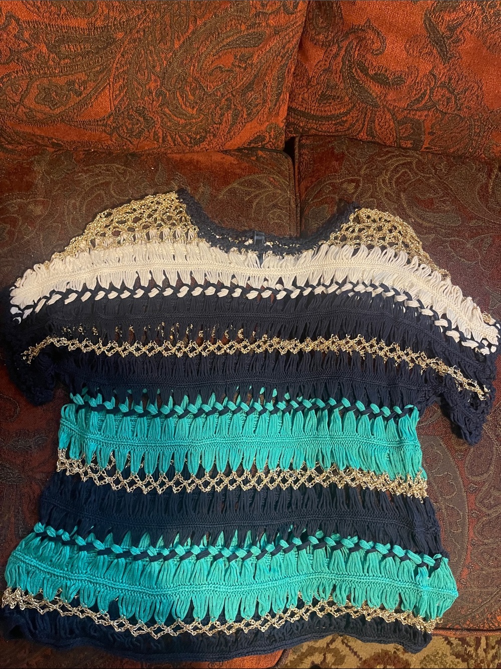 Wish Striped Open-Knit Tunic in Navy, Teal & Cream with Gold Accents new no tag